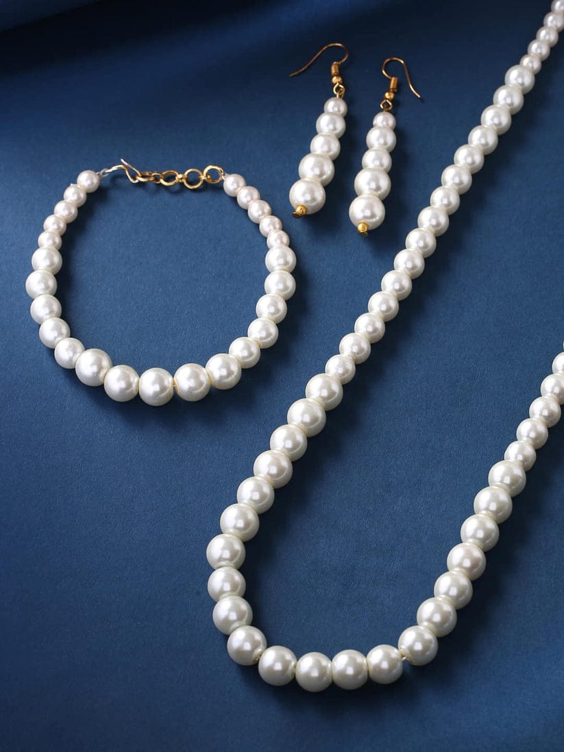 White Pearl Single Layer Necklace Set With Bracelet