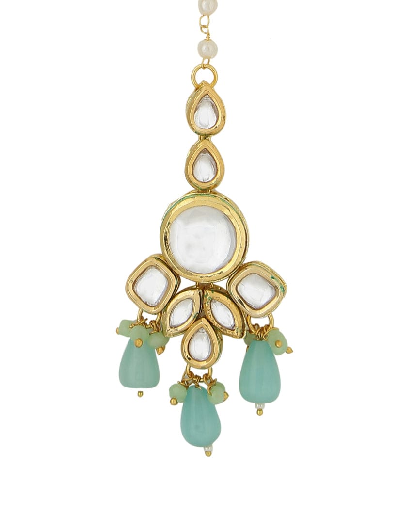 Gold Plated Bridal Kundan Necklace With Earrings & maangtika - Image 6