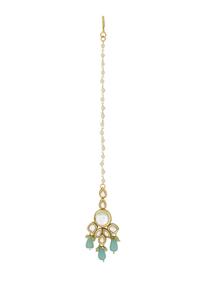 Gold Plated Bridal Kundan Necklace With Earrings & maangtika - Image 5