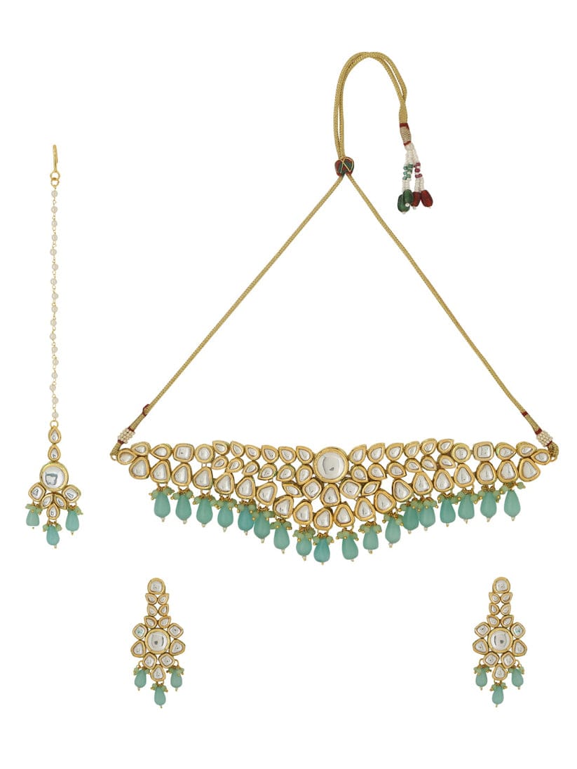 Gold Plated Bridal Kundan Necklace With Earrings & maangtika - Image 3