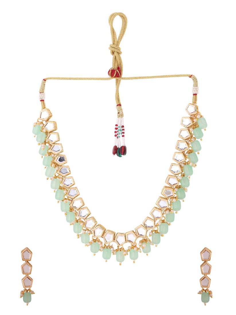 Gold Plated Mint Green Kundan Necklace Set - Image 3