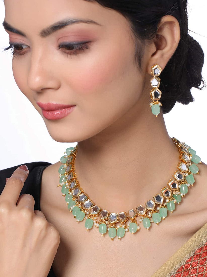 Gold Plated Mint Green Kundan Necklace Set - Image 2