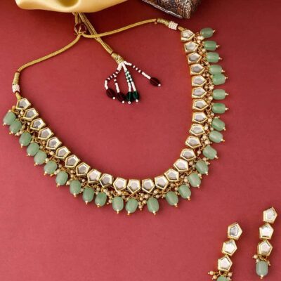Gold Plated Mint Green Kundan Necklace Set