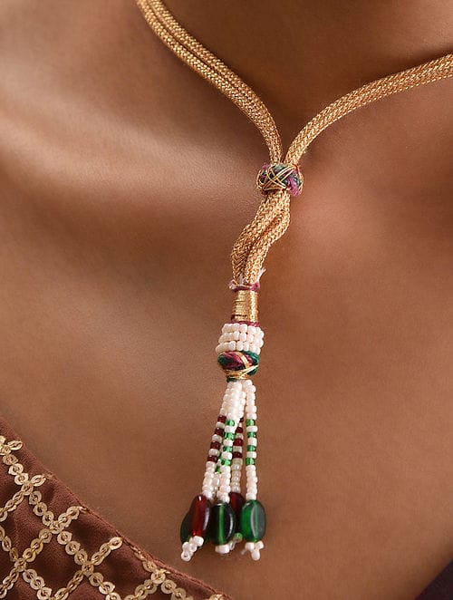 Gold-Plated Kundan Choker Necklace With Earrings - Image 4