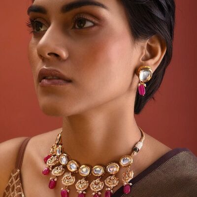 Gold-Plated Kundan Choker Necklace With Earrings