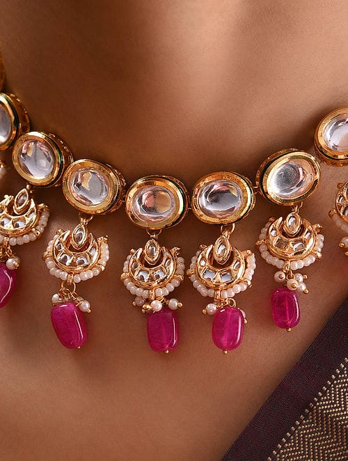 Gold-Plated Kundan Choker Necklace With Earrings - Image 2