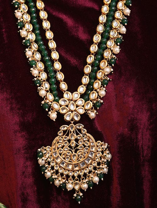 Gold Plated & Green Kundan Studded Jewellery Set - Image 2