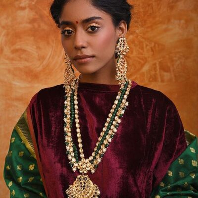 Gold Plated & Green Kundan Studded Jewellery Set