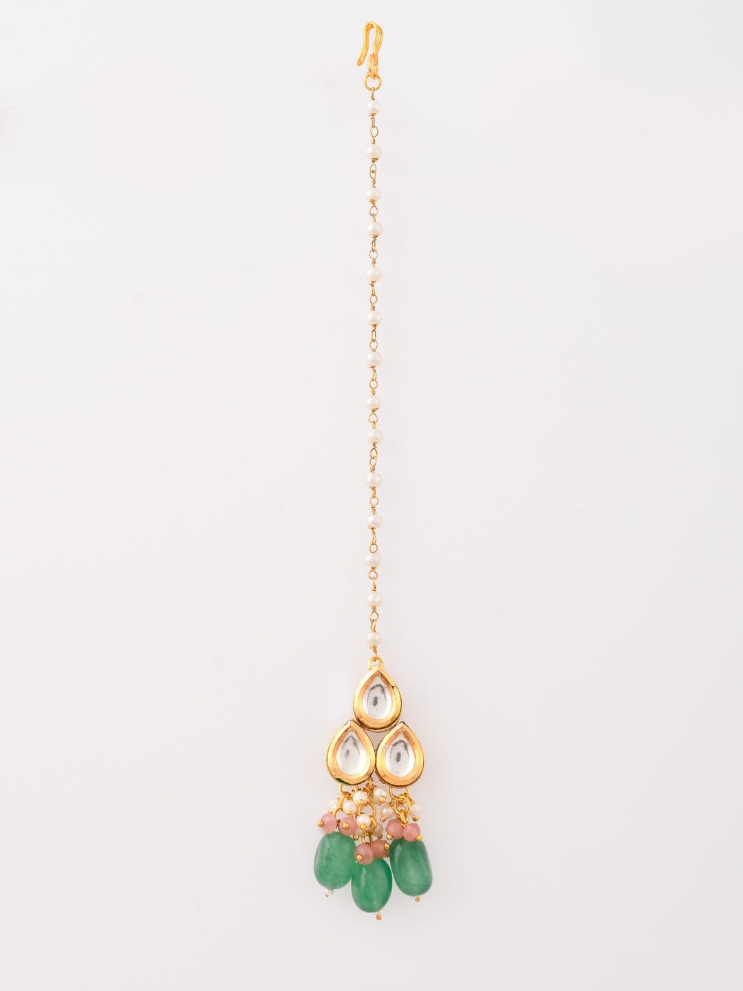 Gold-Plated Kundan Studded & Beaded Necklace With Earrings & maangtika - Image 7