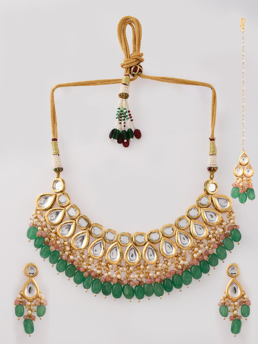 Gold-Plated Kundan Studded & Beaded Necklace With Earrings & maangtika - Image 4