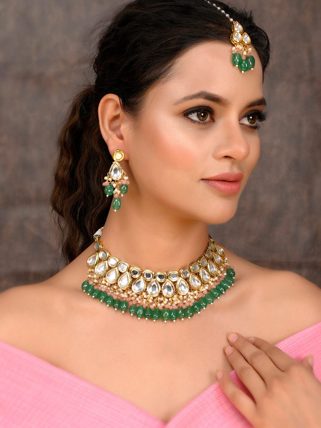 Gold-Plated Kundan Studded & Beaded Necklace With Earrings & maangtika - Image 3