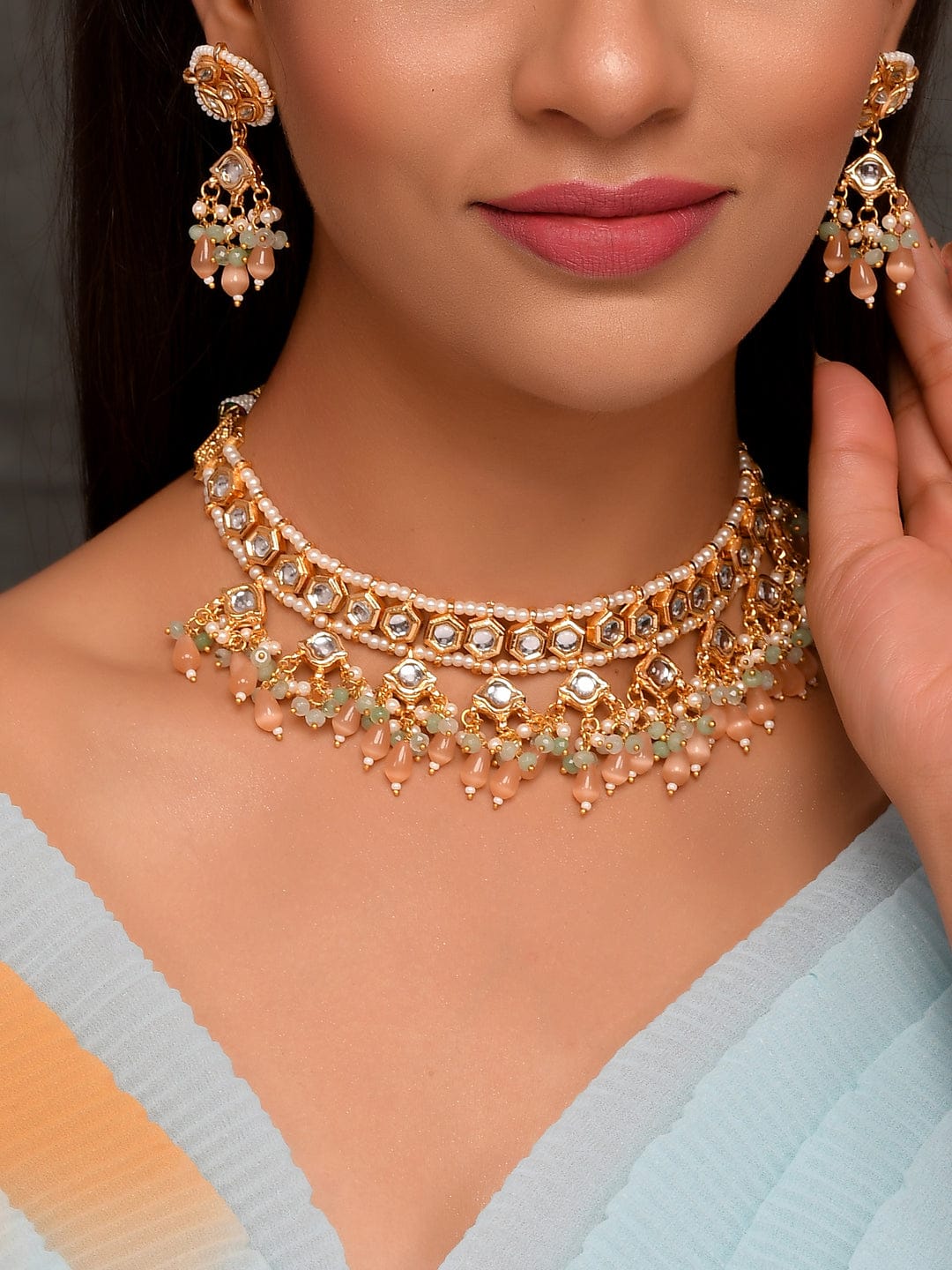 Gold Plated White Pink Kundan Beaded Jewellery Set - Image 3