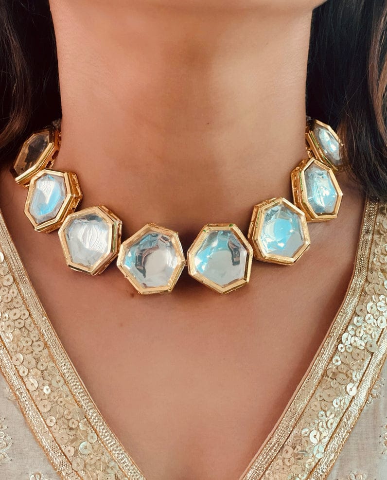 Gold Plated White Kundan Studded Jewellery Set - Image 2