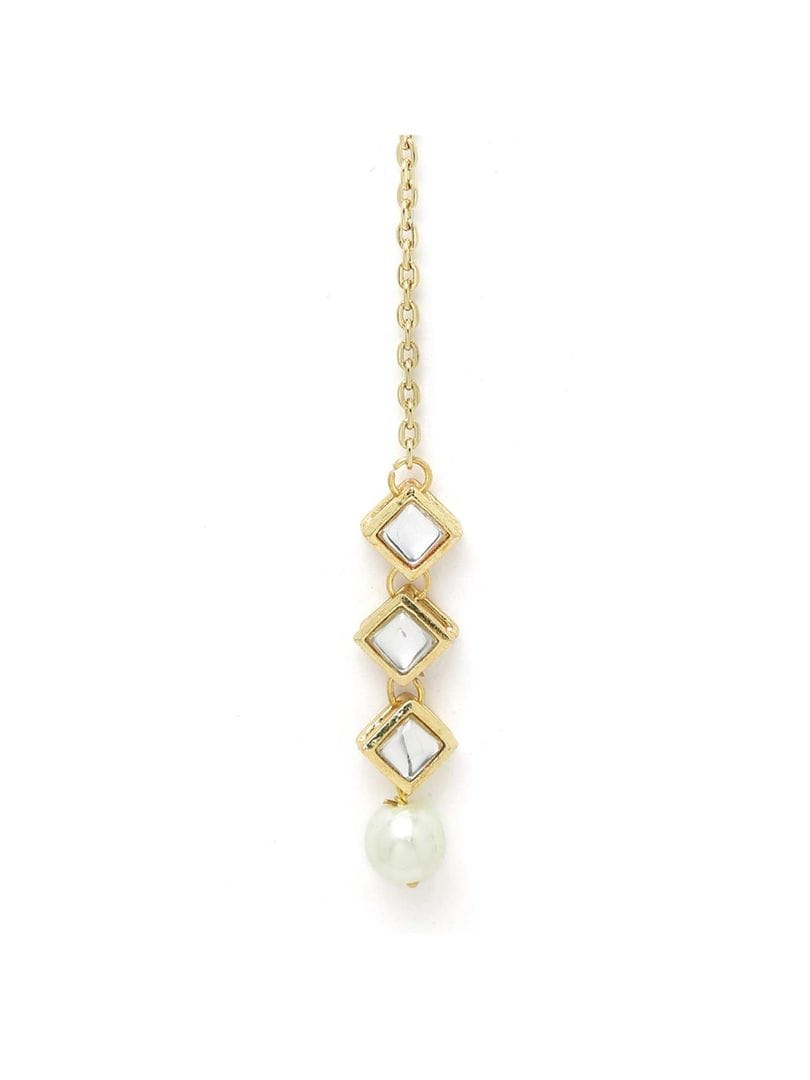 Gold Plated Pearl Chain Kundan Necklace With Earrings & Mangtikka - Image 8