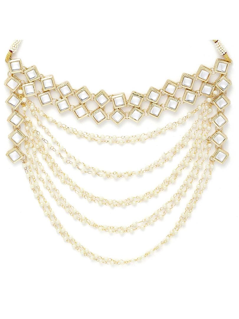 Gold Plated Pearl Chain Kundan Necklace With Earrings & Mangtikka - Image 5