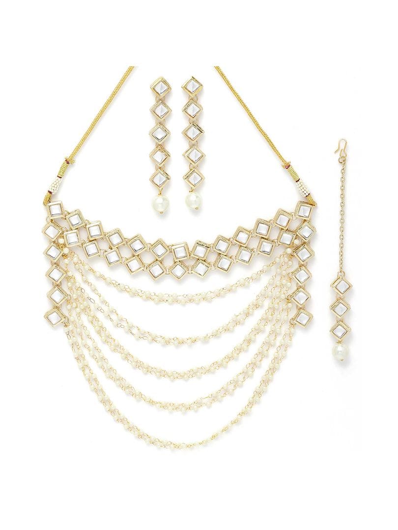 Gold Plated Pearl Chain Kundan Necklace With Earrings & Mangtikka - Image 4