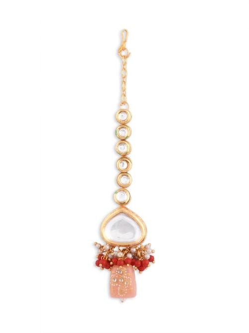 Gold Plated Kundan Studded & Pearls Beaded Necklace With Earrings & Mangtikka - Image 4