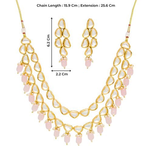 Gold Plated Beads & Kundan Stone Necklace Set - Image 3