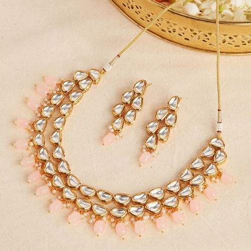 Gold Plated Beads & Kundan Stone Necklace Set - Image 2