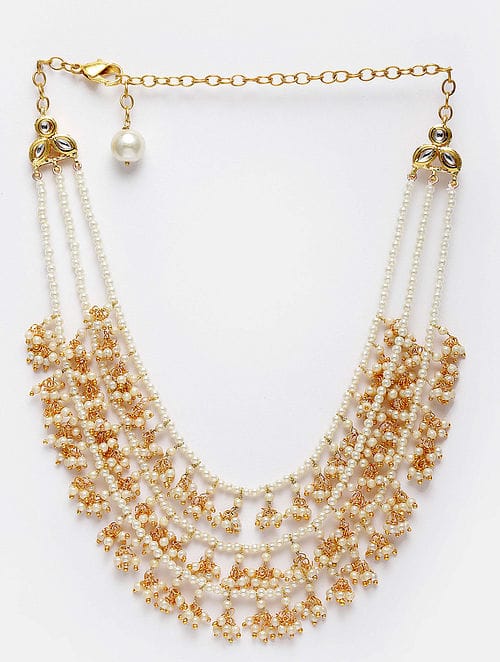 Gold Finish Long Necklace With Pearls