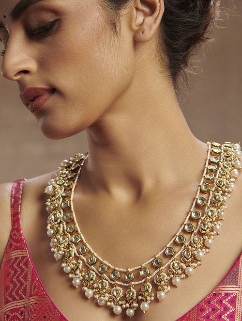 Gold Plated Stone Studded Beaded Choker Necklace - Image 2