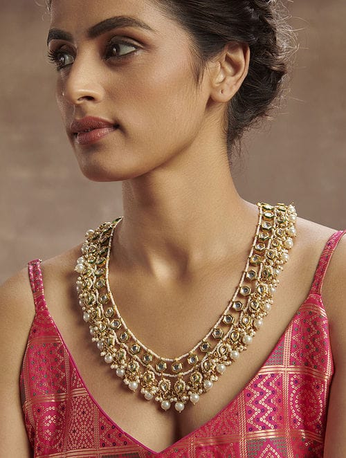 Gold Plated Stone Studded Beaded Choker Necklace