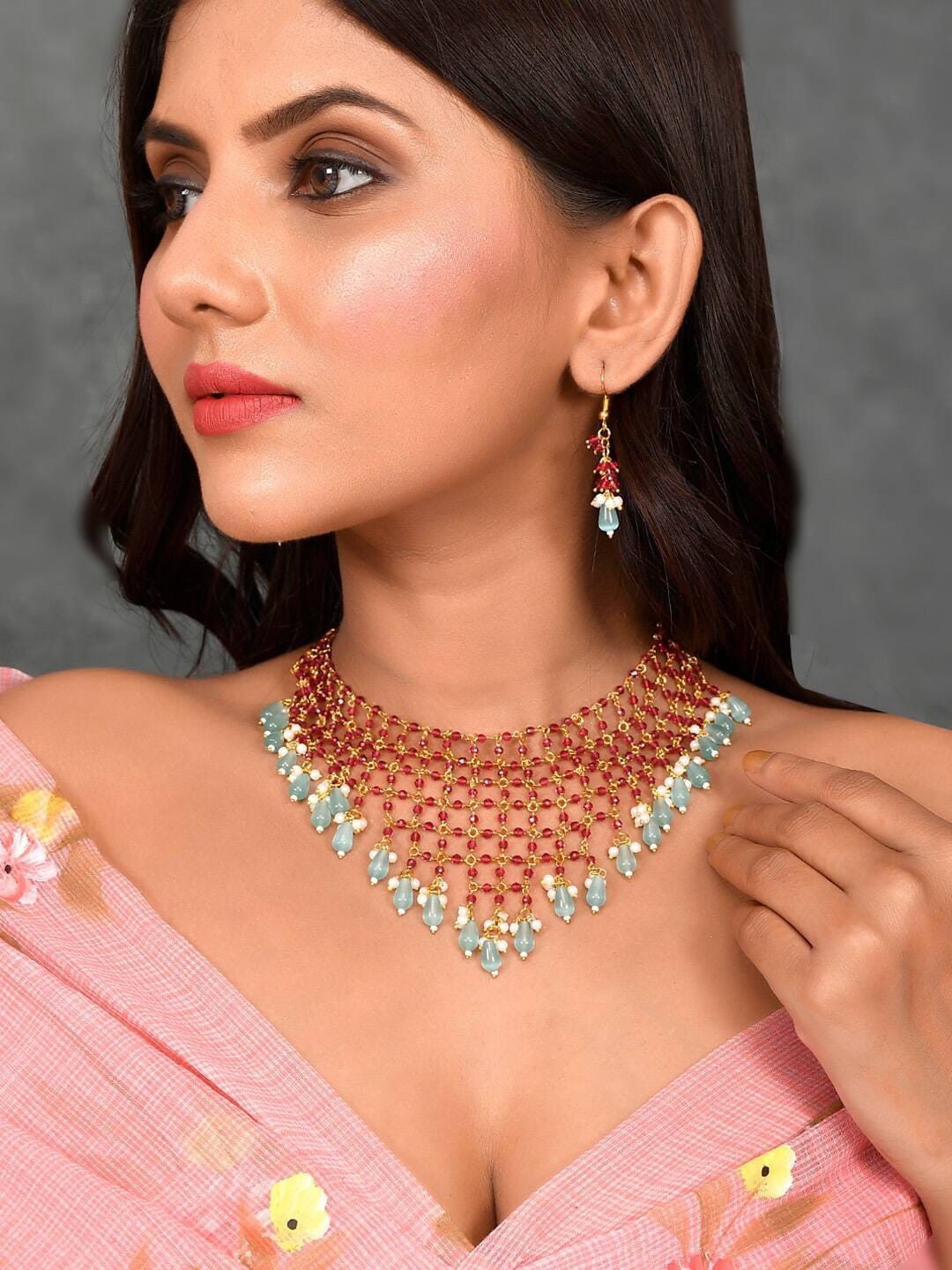Gold-Plated Pink & Sea Green Kundan Studded & Beaded Jewellery Set - Image 3