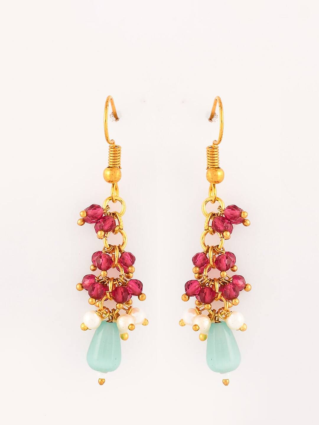 Gold-Plated Pink & Sea Green Kundan Studded & Beaded Jewellery Set - Image 5