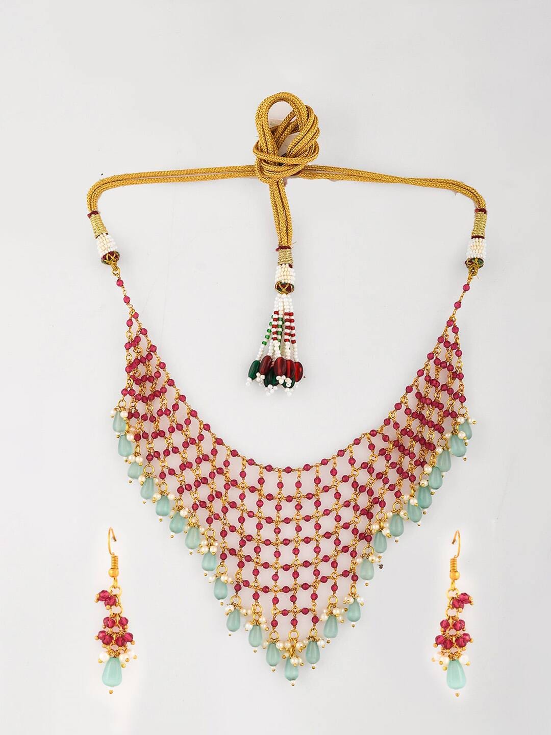 Gold-Plated Pink & Sea Green Kundan Studded & Beaded Jewellery Set - Image 4