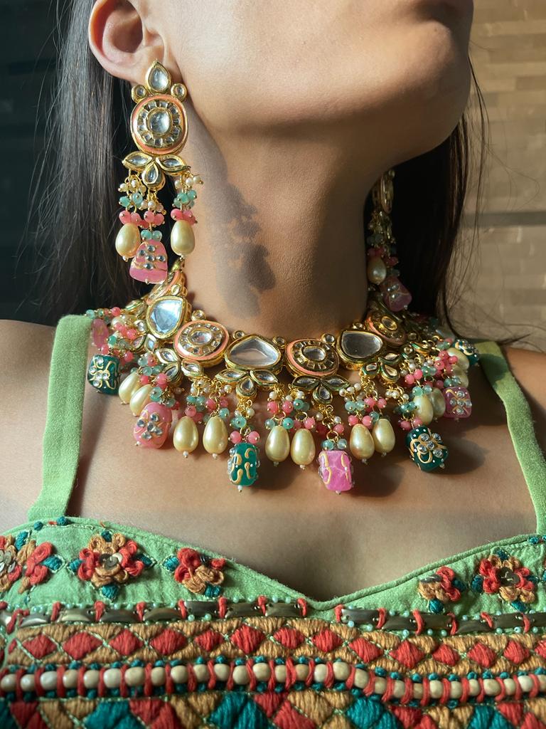 Heavy Meenakari Jadau Kundan Handmade Choker Necklace - Image 6
