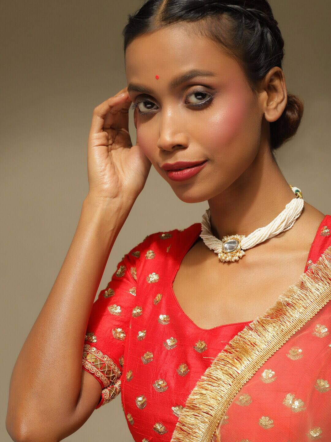 Gold Finish Kundan Polki & Pearl Choker Necklace - Image 2