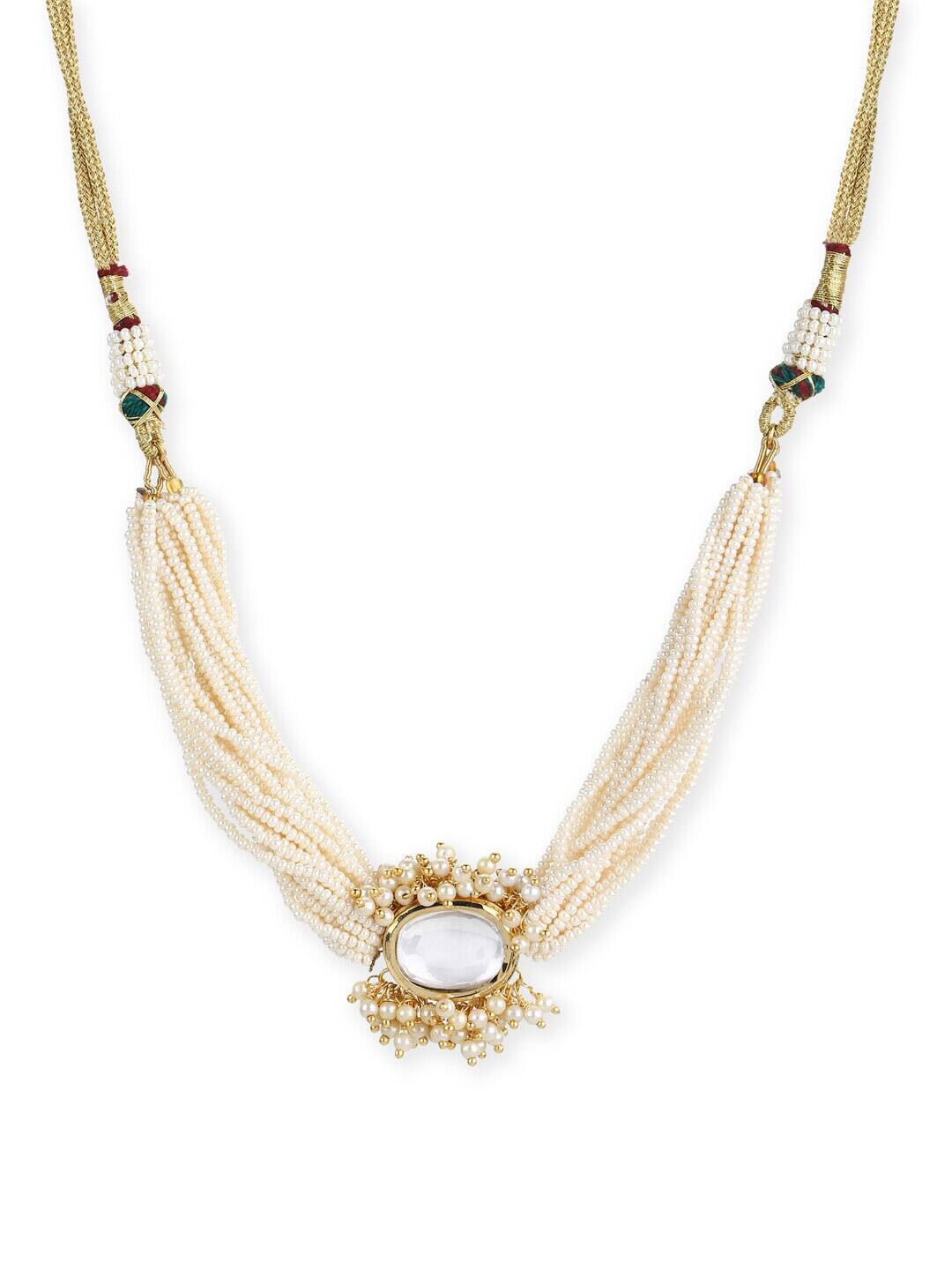 Gold Finish Kundan Polki & Pearl Choker Necklace - Image 5
