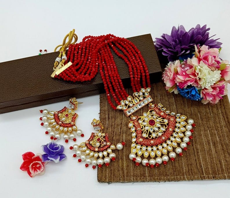 Gold-Plated & Red Stone beaded Jewellery Set - Image 4