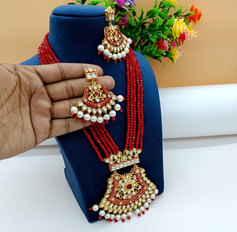 Gold-Plated & Red Stone beaded Jewellery Set - Image 2