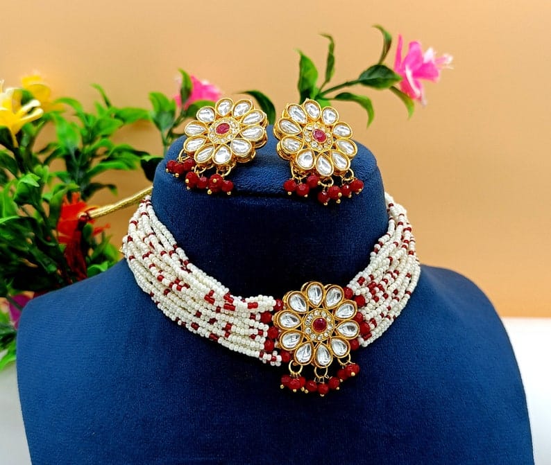 22kt Gold Plated Multi Gemstone Necklace Set -Adjustable Polki Diamond Necklace