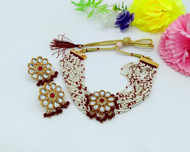 22kt Gold Plated Multi Gemstone Necklace Set -Adjustable Polki Diamond Necklace - Image 5