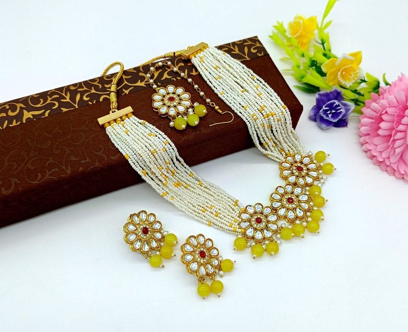 22kt Gold Plated Multi Gemstone Necklace Set -Adjustable Polki Diamond Necklace -Pearl Necklace W/Earrings-Trendy Traditional Indian Wedding - Image 3