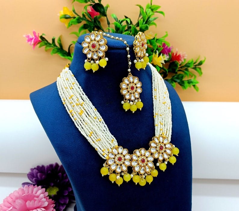 22kt Gold Plated Multi Gemstone Necklace Set -Adjustable Polki Diamond Necklace -Pearl Necklace W/Earrings-Trendy Traditional Indian Wedding