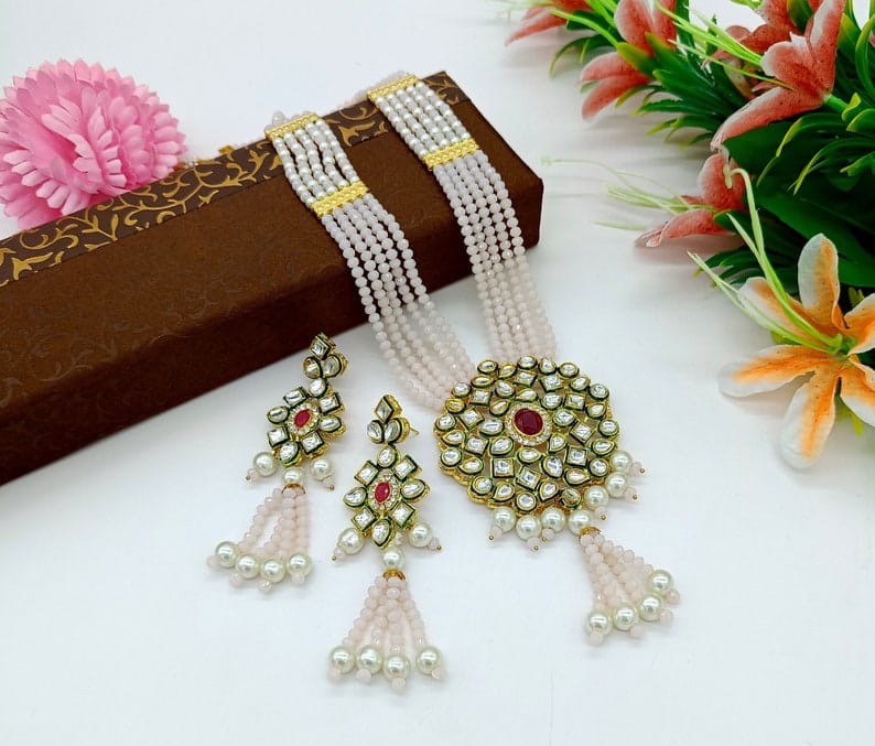 Rosy Pink Kundan Long Necklace Set - Image 2