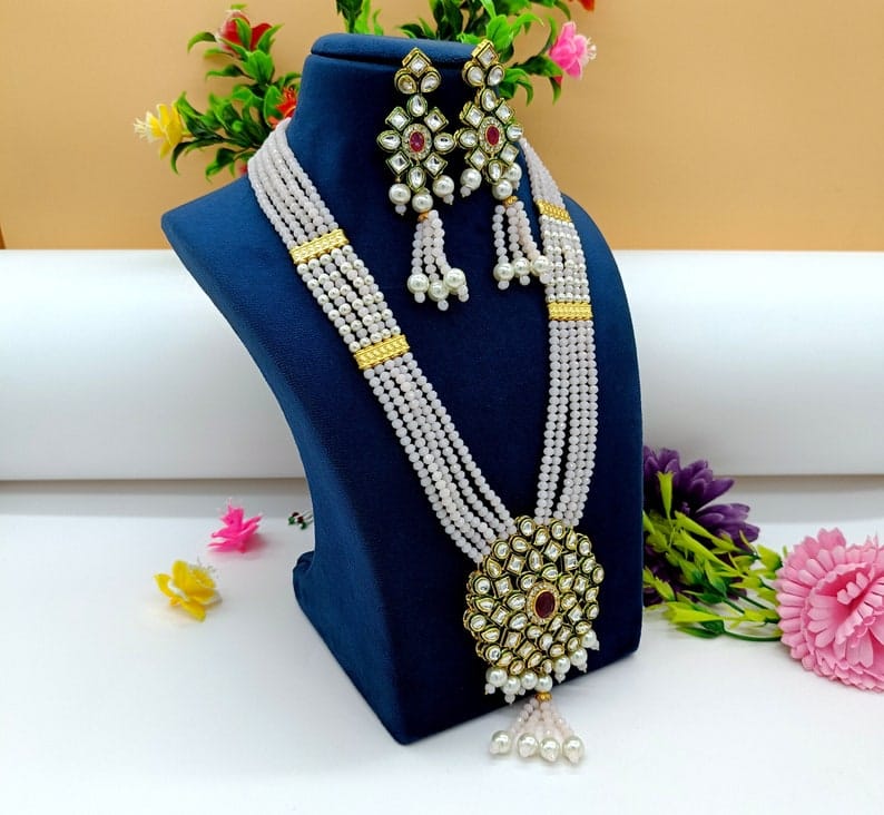 Rosy Pink Kundan Long Necklace Set - Image 4