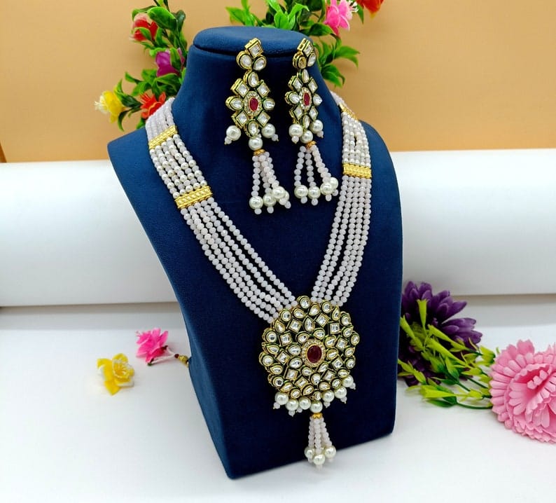 Rosy Pink Kundan Long Necklace Set