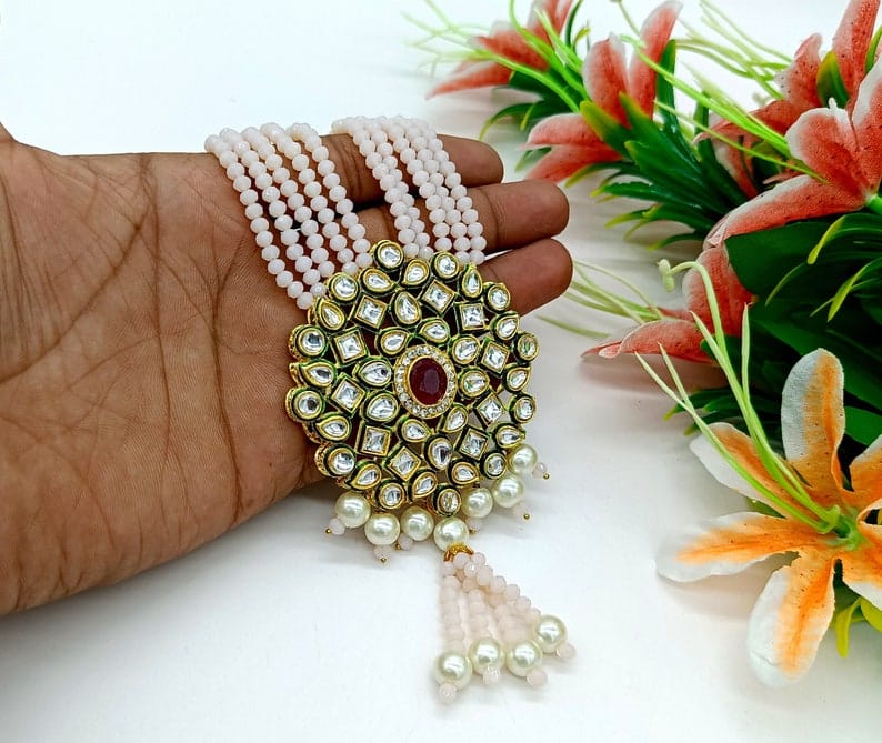 Rosy Pink Kundan Long Necklace Set - Image 6