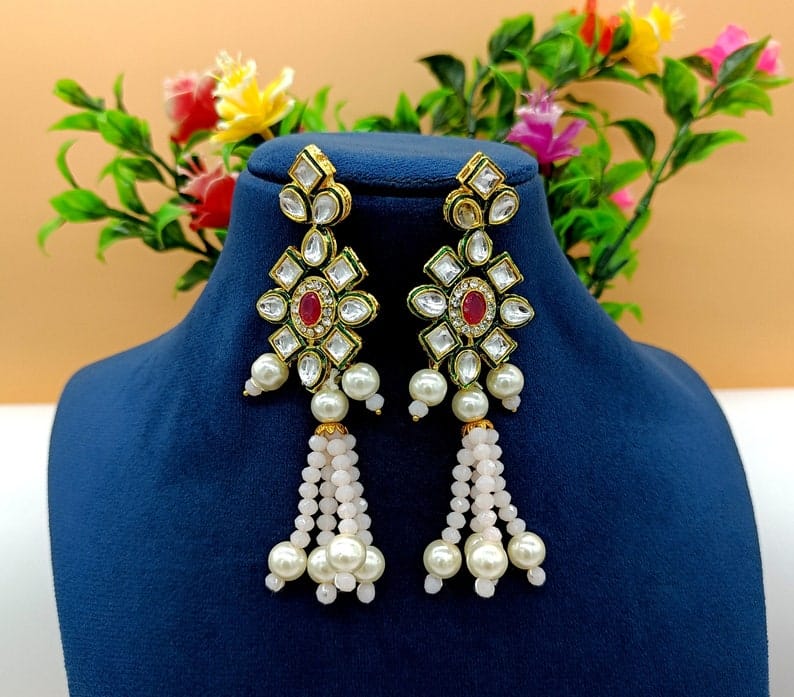 Rosy Pink Kundan Long Necklace Set - Image 8