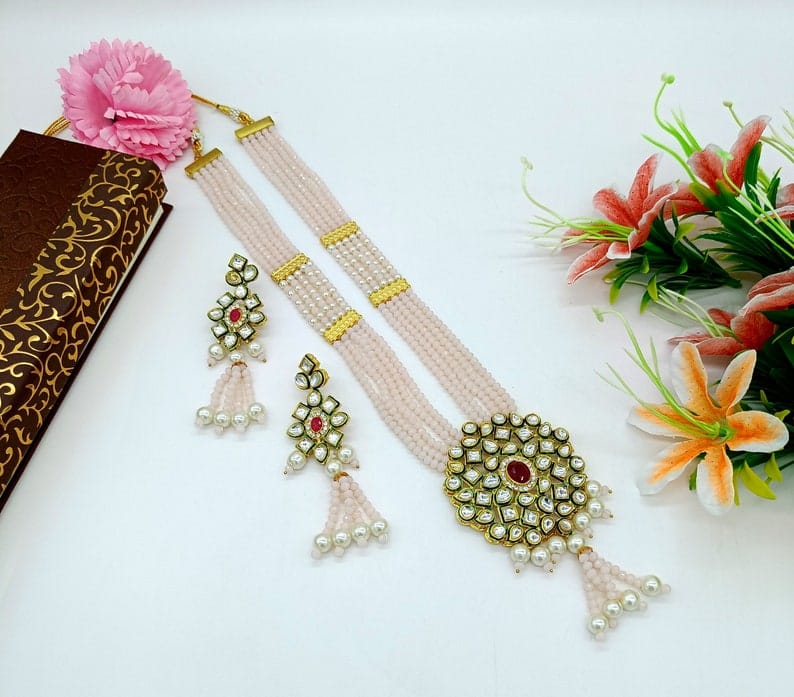 Rosy Pink Kundan Long Necklace Set - Image 10