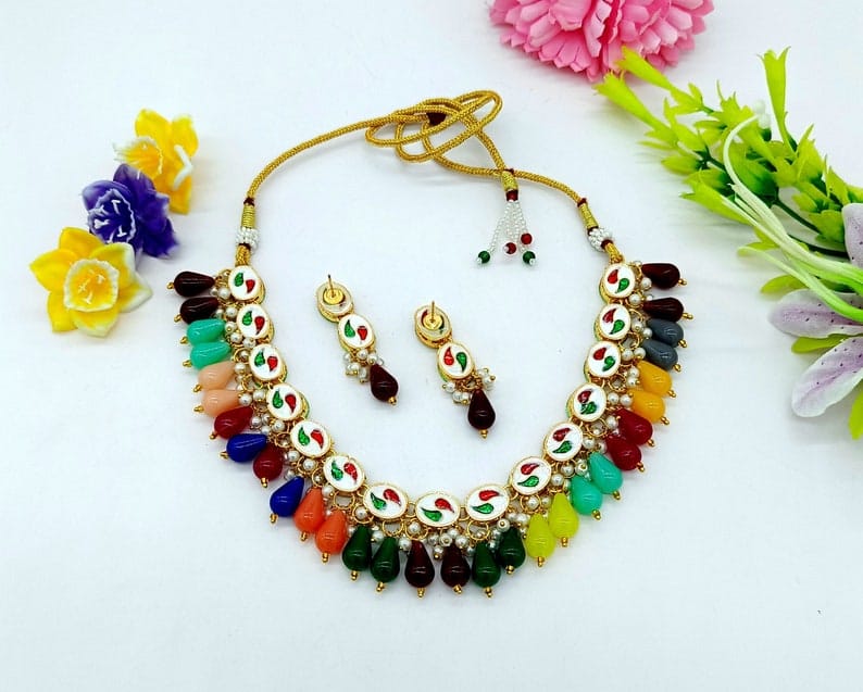 22kt Gold Plated Multi Gemstone Necklace Set -Adjustable Polki Diamond Necklace -Pearl Necklace w/Earrings-Trendy Traditional Indian Wedding - Image 8
