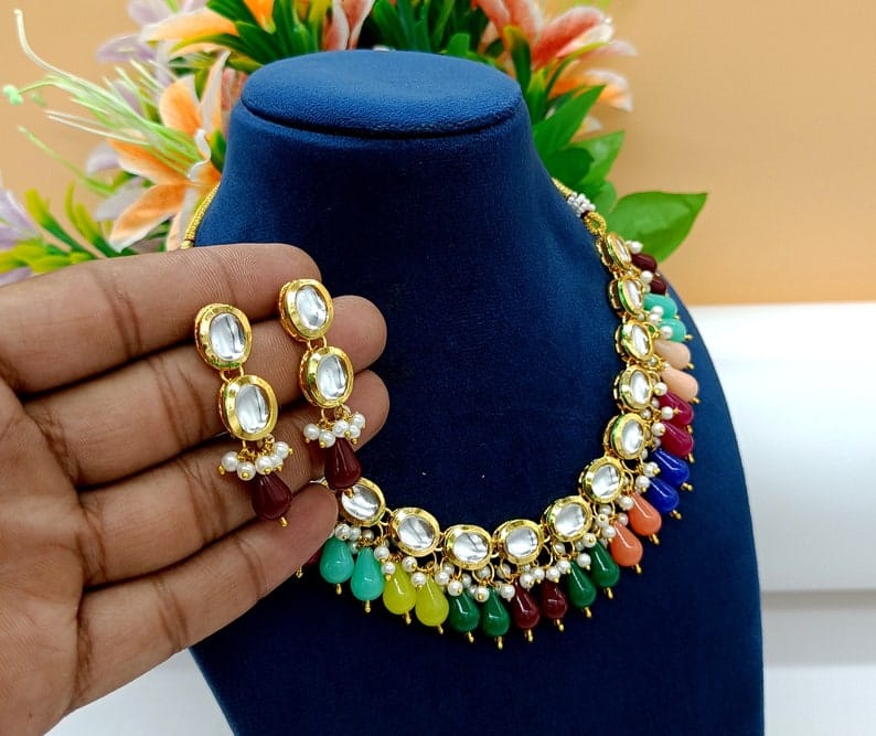 22kt Gold Plated Multi Gemstone Necklace Set -Adjustable Polki Diamond Necklace -Pearl Necklace w/Earrings-Trendy Traditional Indian Wedding - Image 7