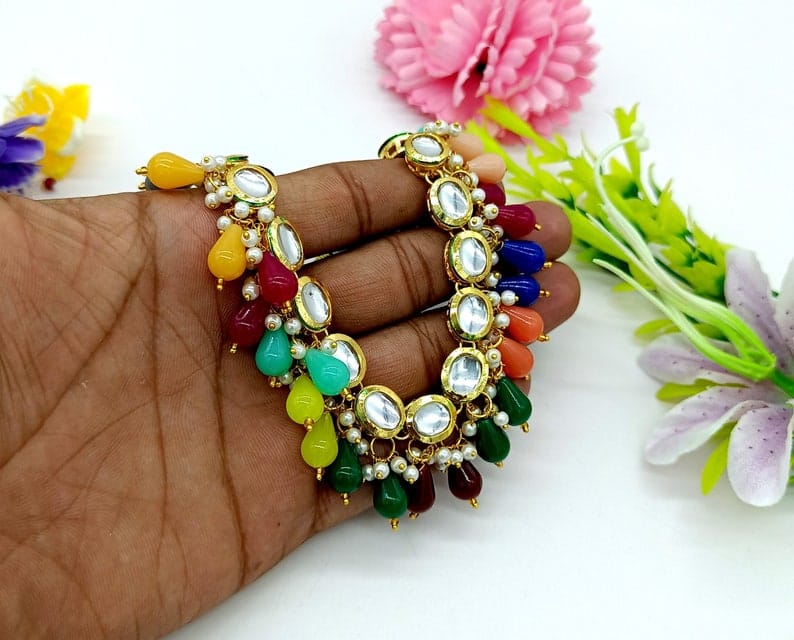 22kt Gold Plated Multi Gemstone Necklace Set -Adjustable Polki Diamond Necklace -Pearl Necklace w/Earrings-Trendy Traditional Indian Wedding - Image 2