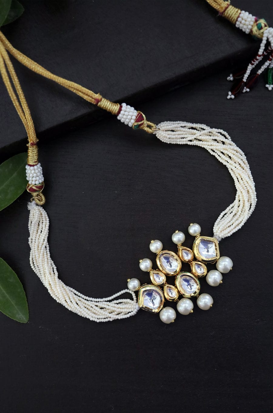 Gold Finish Kundan Polki Choker Necklace Set - Image 2