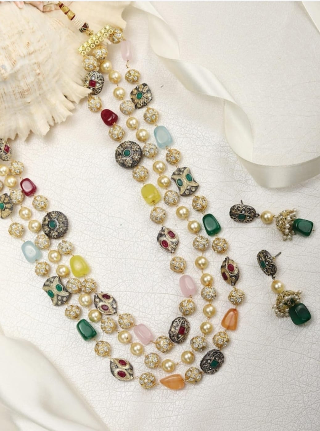 Dia Mirza Inspired Multi-Color Beads Pearls Gold-Plated Necklace Set - Image 2