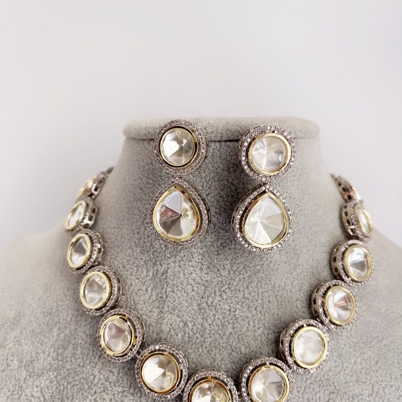 Victorian Uncut Polki Faux Diamond Necklace set - Image 4